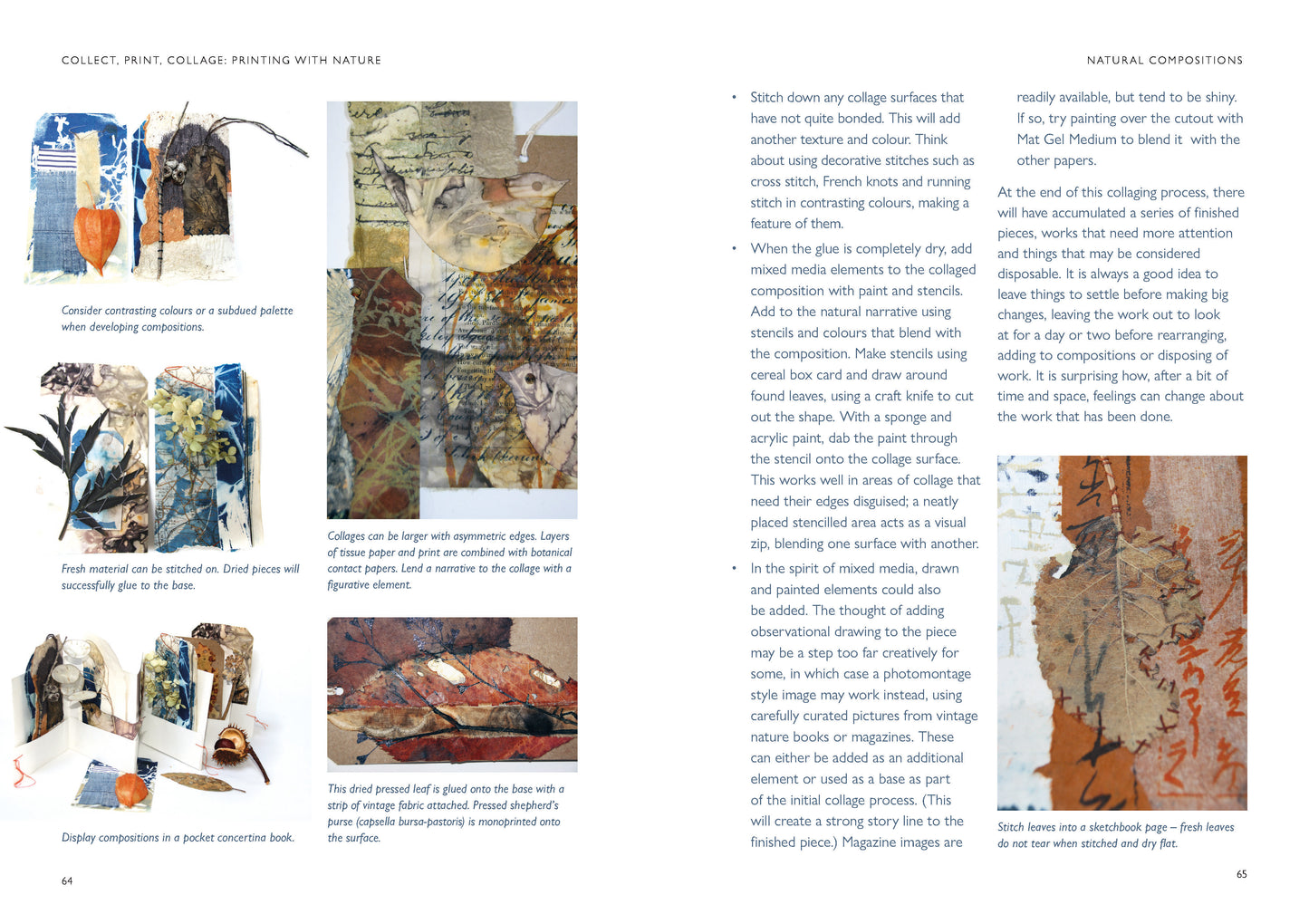 spread from Collect Print Collage showing natural compositions with paper and leaves