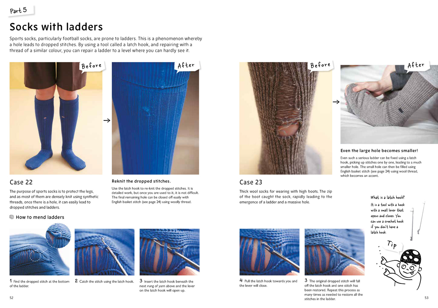 Spread from Darning Socks innovative repair techniques, how to mend socks with ladders